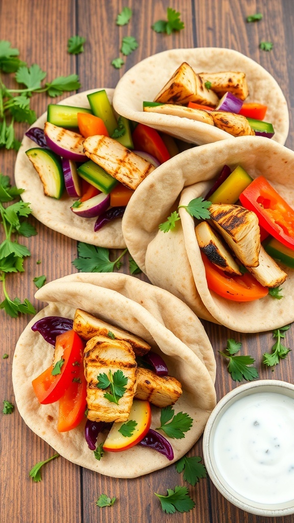 Healthy pita bread filled with vegetables and chicken, served with hummus and tzatziki.